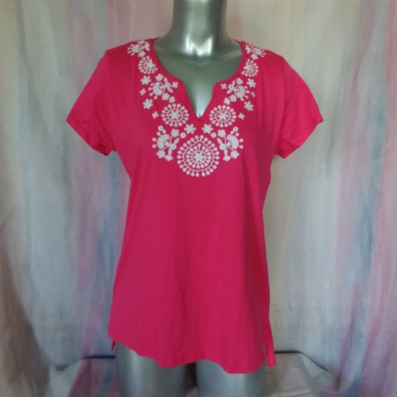 Premise Tops - Hot Pink Tunic Top with White Embroidery